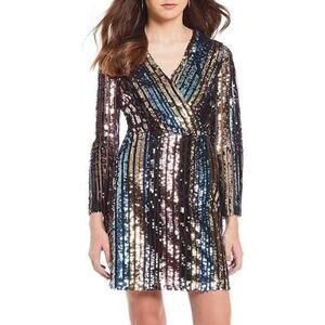 Sam Edelman Long Sleeve Multicolor Sequin Stripe Wrap Mini Dress Size 2